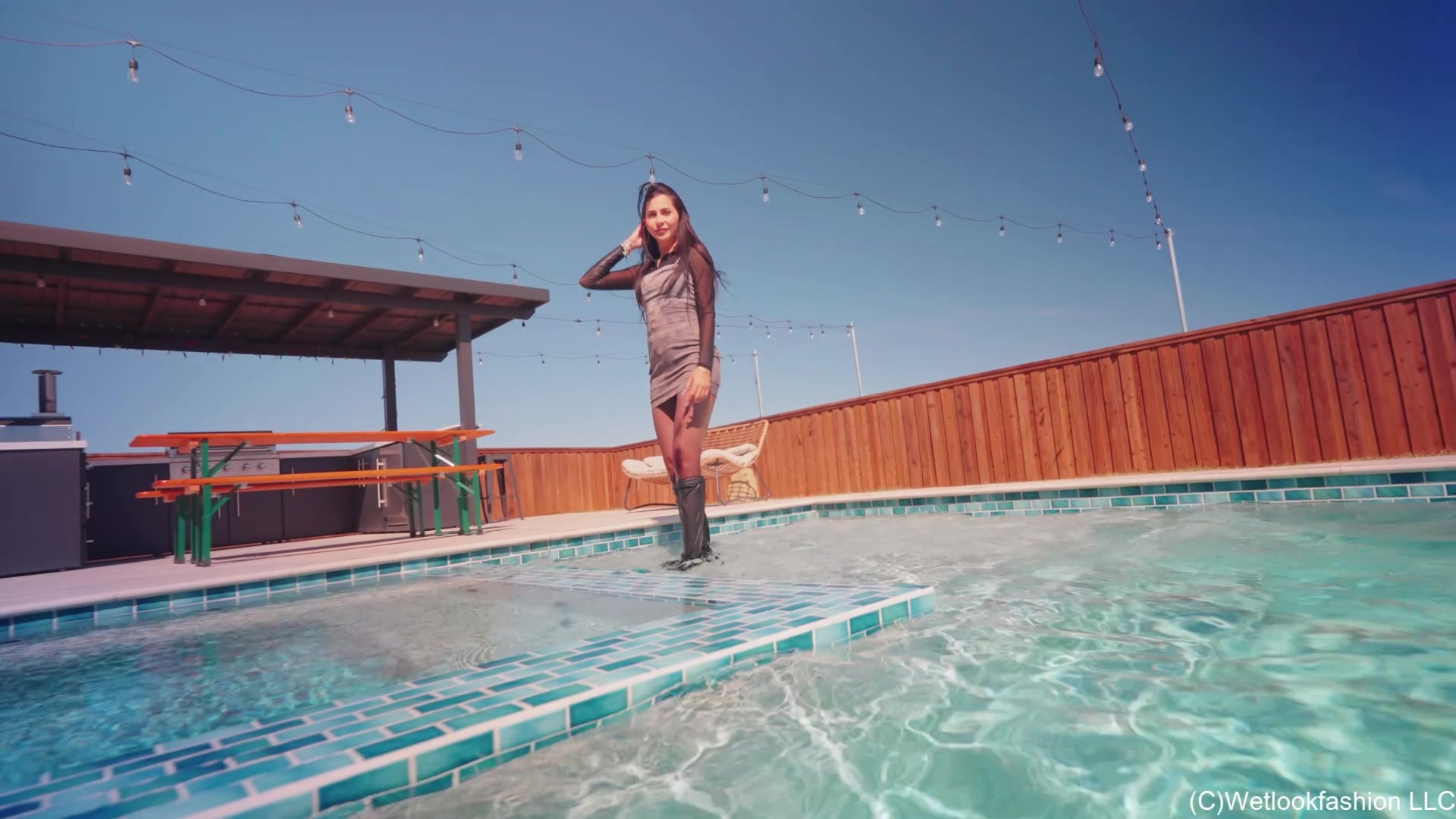 New Model Nicole Swims in a Hot Dress, Tights and Boots