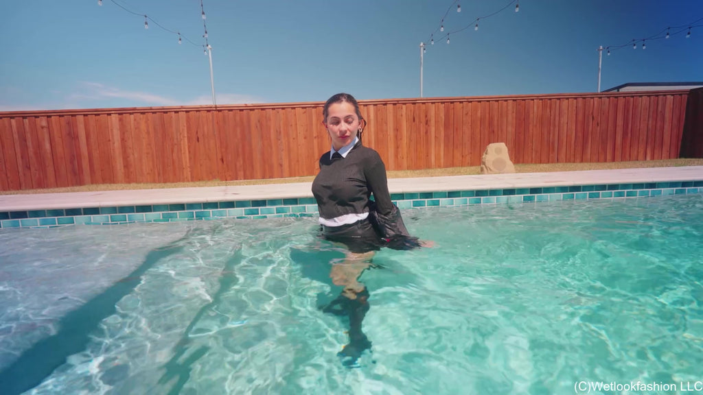Nicole Gets Wet in a Skirt Outfit with a Leather Jacket