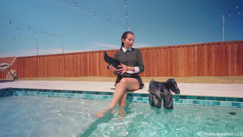 Nicole Gets Wet in a Skirt Outfit with a Leather Jacket
