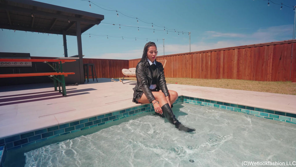 Nicole Gets Wet in a Skirt Outfit with a Leather Jacket