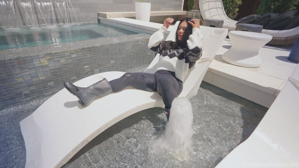 Maria in the Pool Wearing Leggings, Sweater and Boots