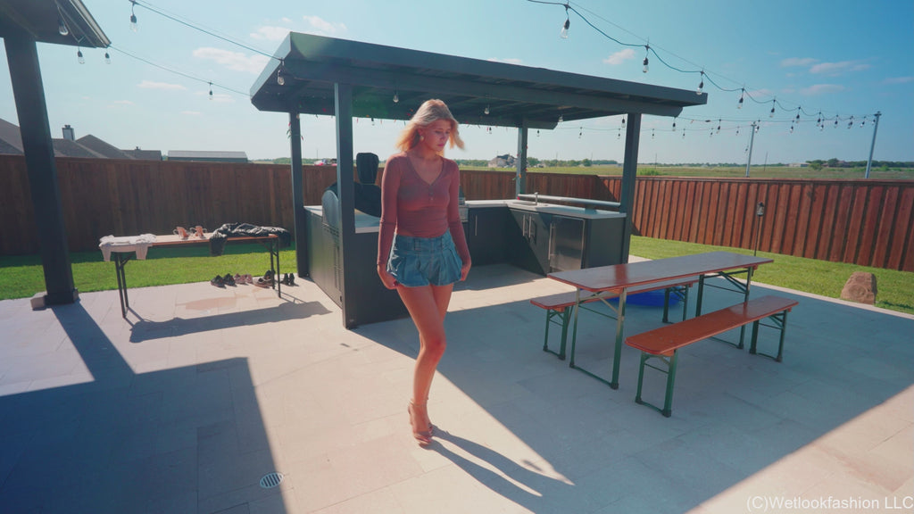 Katie Gets Wet in A Jeans Mini Skirt and a Bodysuit