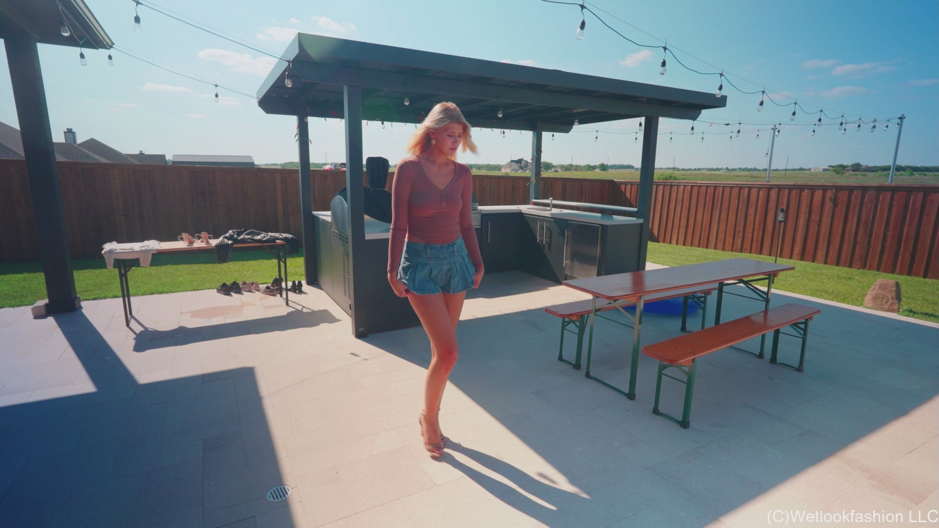 Katie Gets Wet in A Jeans Mini Skirt and a Bodysuit