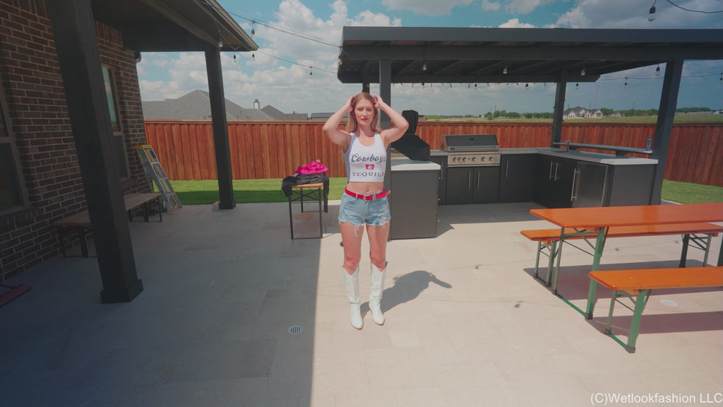 Kate Swims in a Jean Shorts, a White Top and Cowgirl Boots