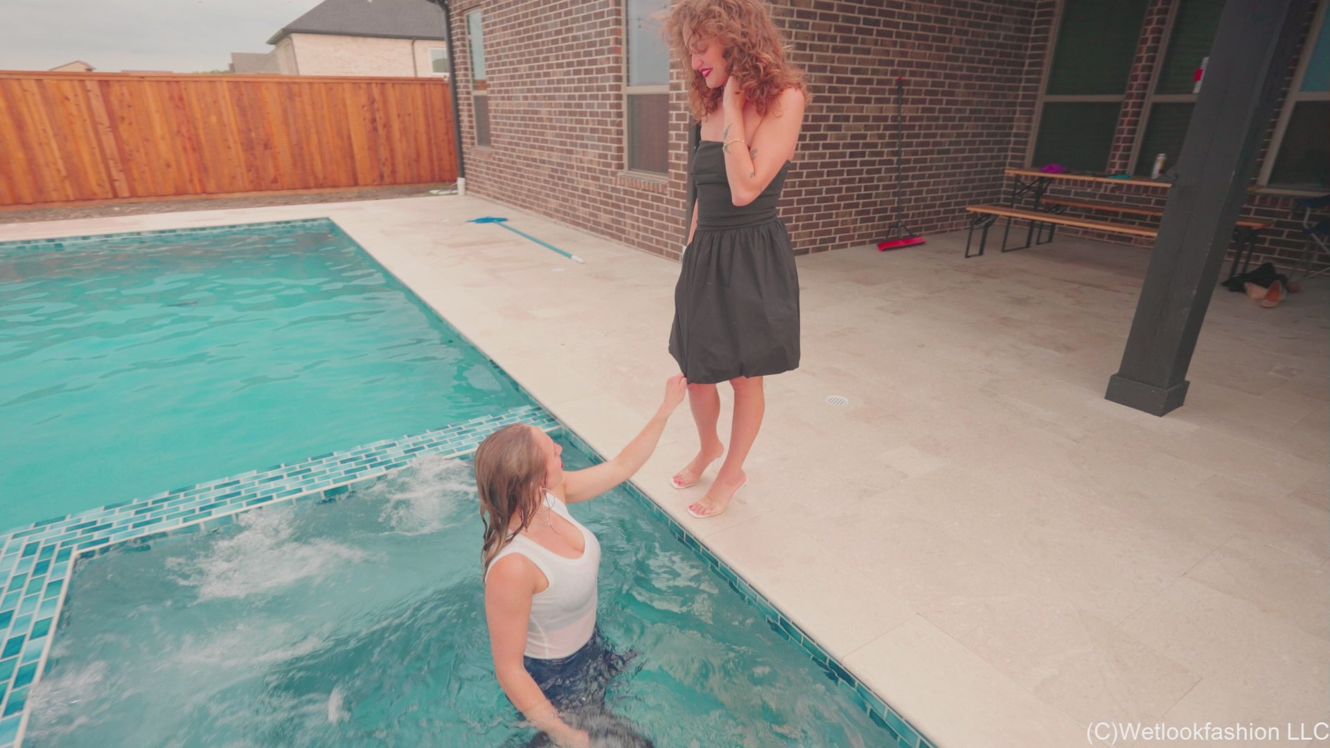 Camille and Tiffany Have a Clothed Pool Date