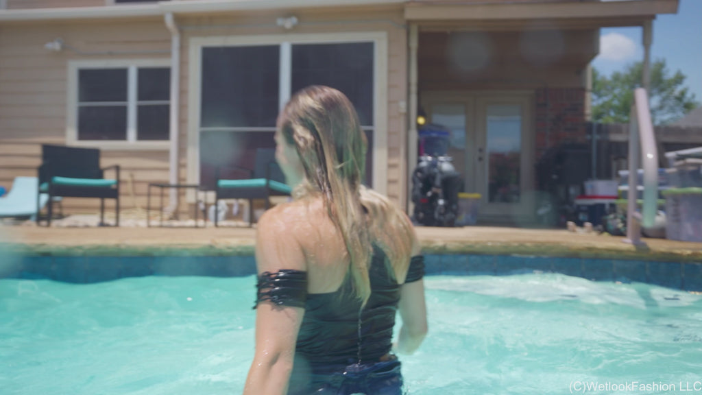 Camille Splashes in Denim Skirt and Top
