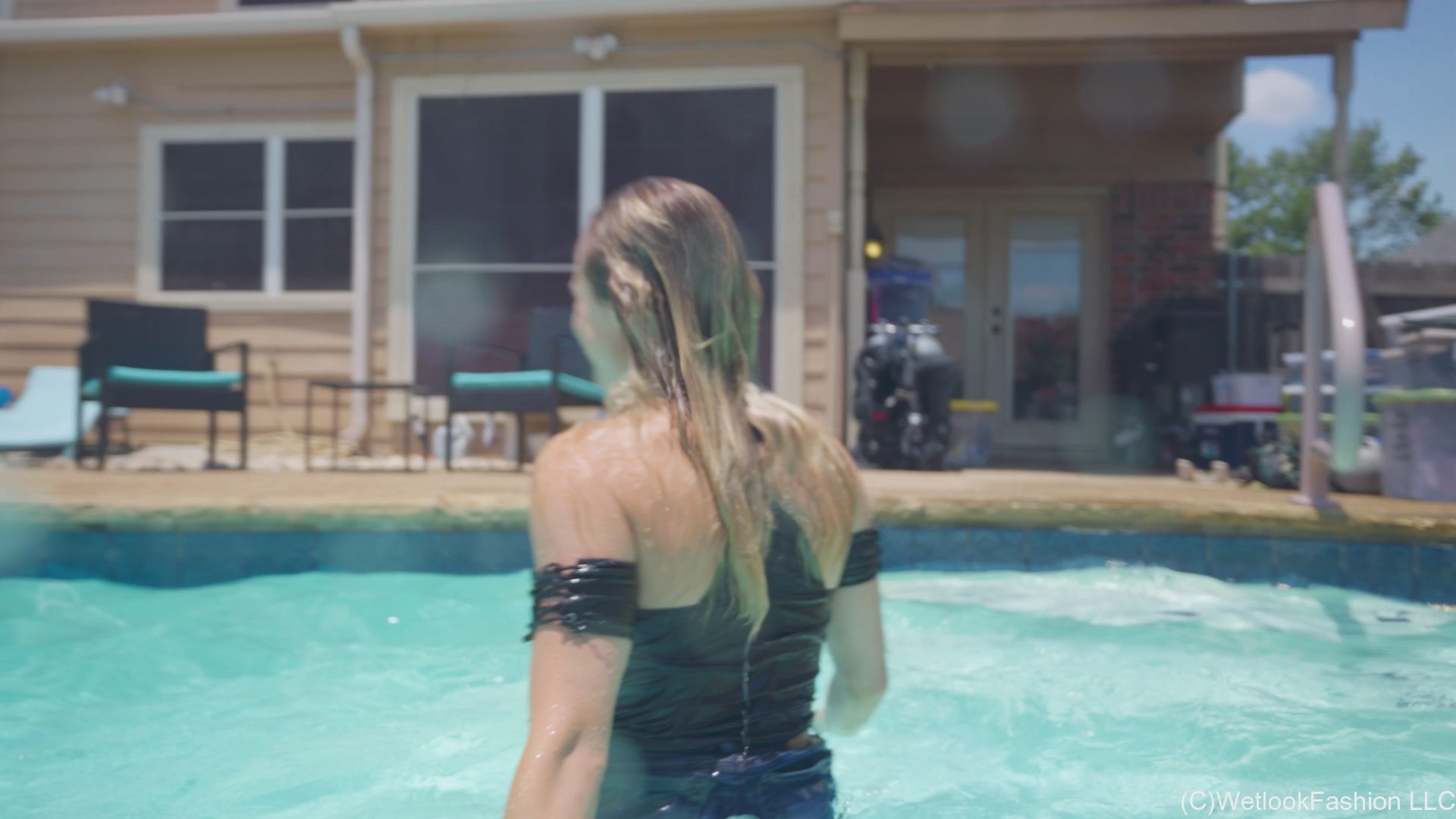 Camille Splashes in Denim Skirt and Top