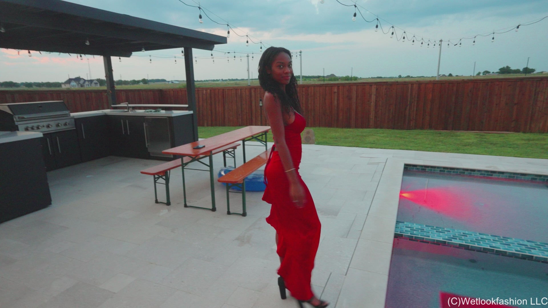 Amy's Sundowner Swim Wearing a Satin Dress for a Night Out