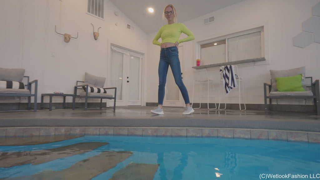 Hannah Swims in Jeans and a Yellow Crop Top