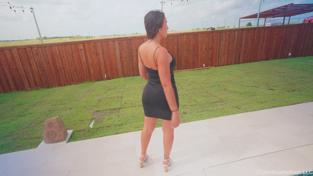 Iris Falls in the Pool Wearing Mini Dress