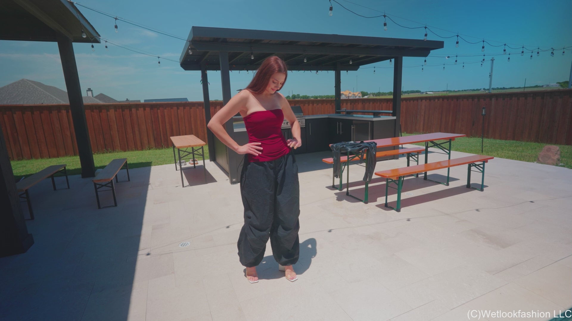 Taylor Goes for a Swim in Baggy Pants, Top and Heels