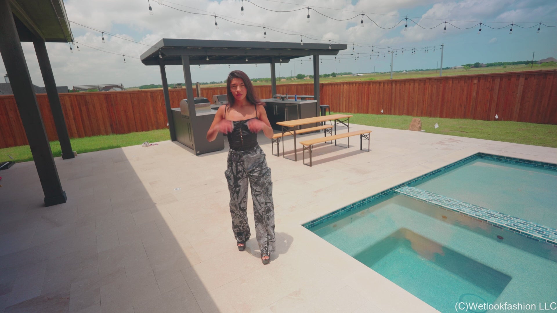 Jolissa Takes a Dip in Camo Cargos, Satin Top and Heels