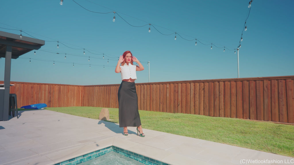 Mariela Goes for a Swim in a Satin Skirt, Vest and Heels