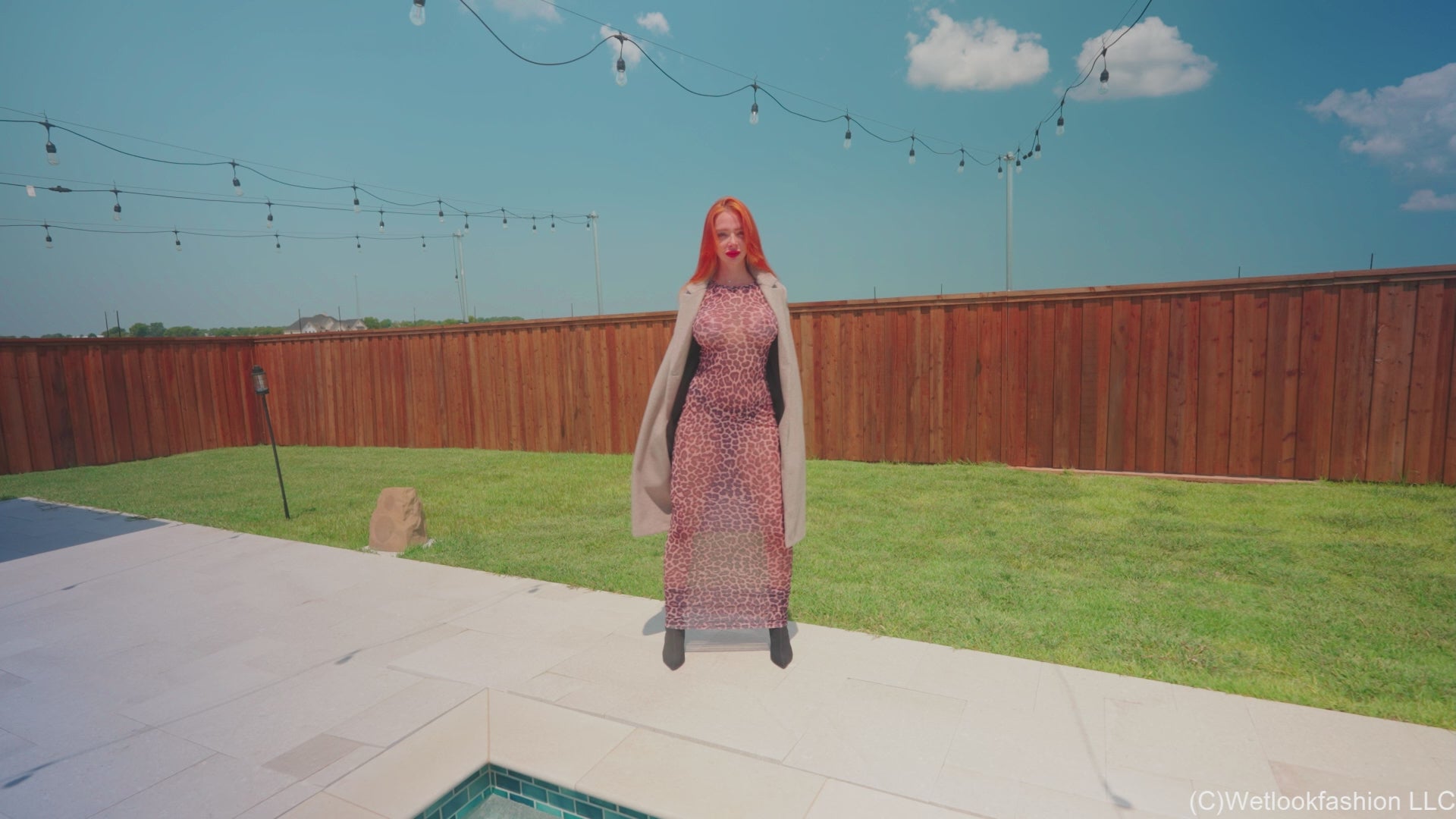 Krispeachi's Pool Dip in a Sheer Maxi Dress, Coat and Boots
