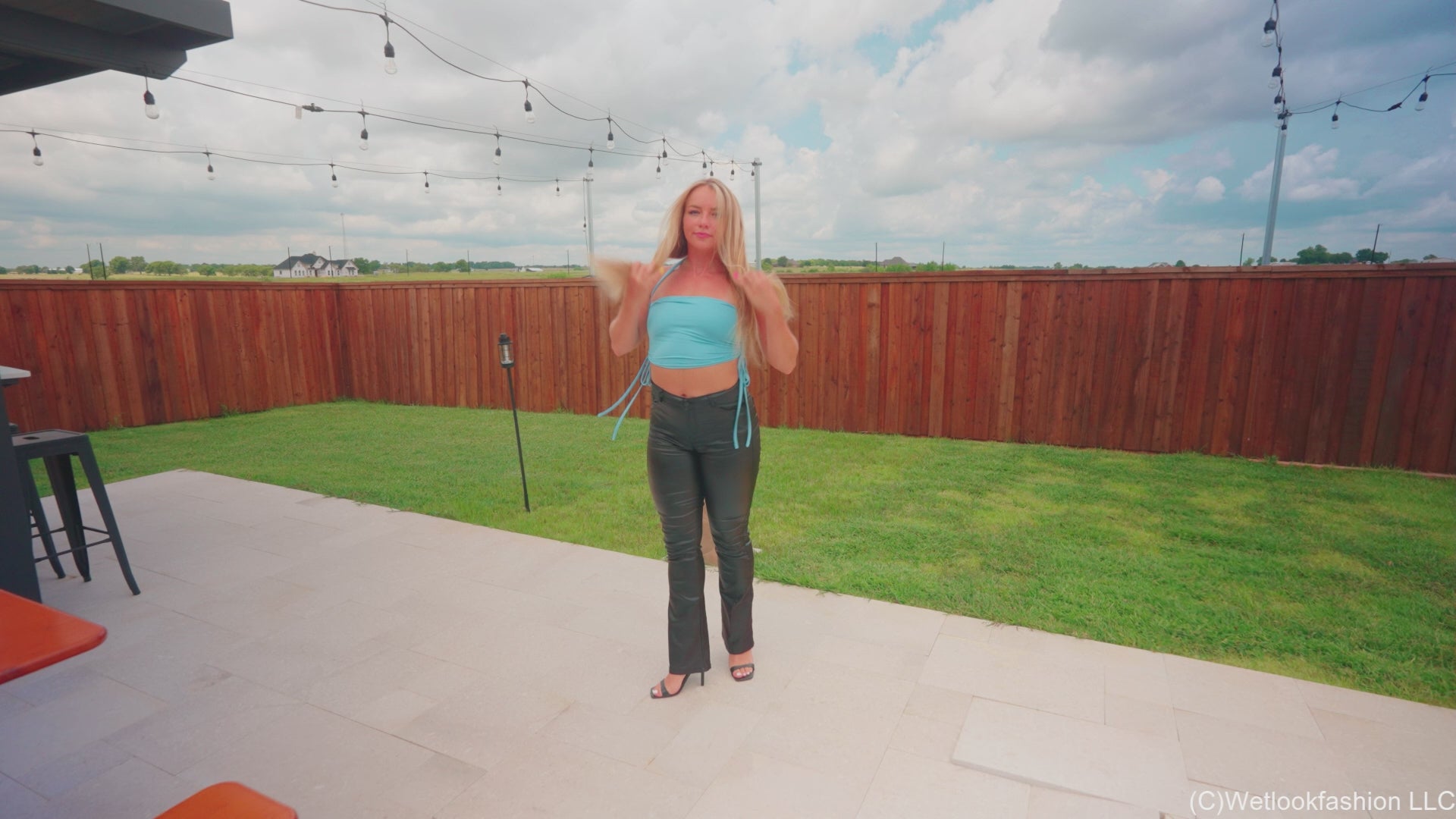 Brinley Goes for a Swim in Leather Pants, Heels and Top