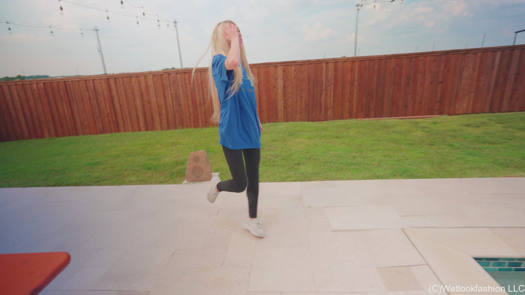 Amber Goes for a Swim in Leggings, T-Shirt and Sneakers