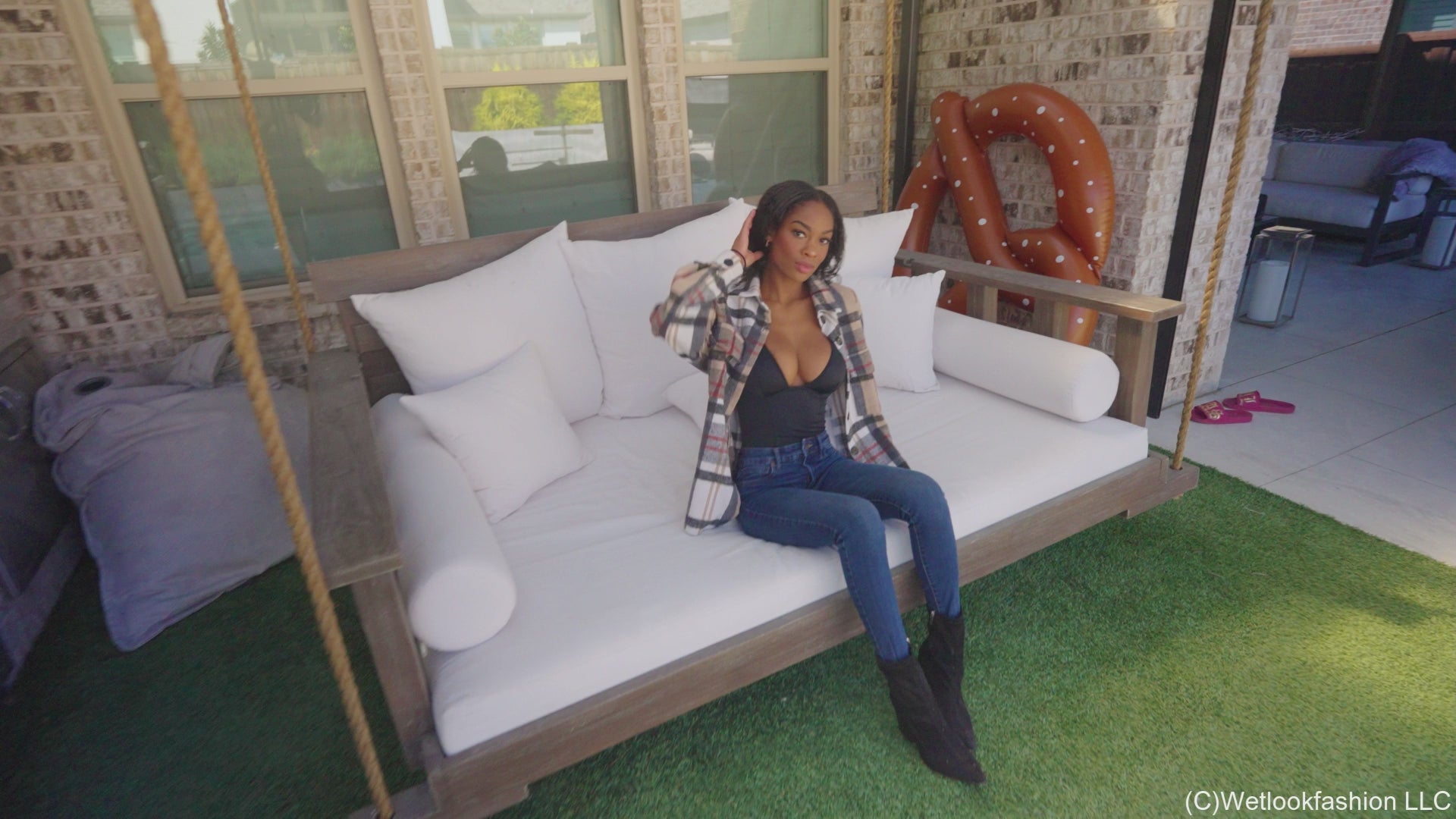 Amy-Pool Fun Wearing a Jeans Outfit with Flannel