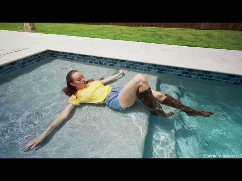 Krispeachi Swims in Jeans Shorts, T-Shirt and Boots