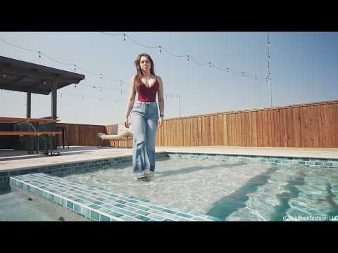Samantha Dives in the Pool Wearing Jeans and a Red Corset
