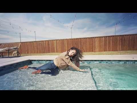 Gina Goes for a Swim in Jeans, Crop Top and a Leather Jacket