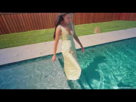 Jenny Goes for a Swim in a Yellow Satin Dress