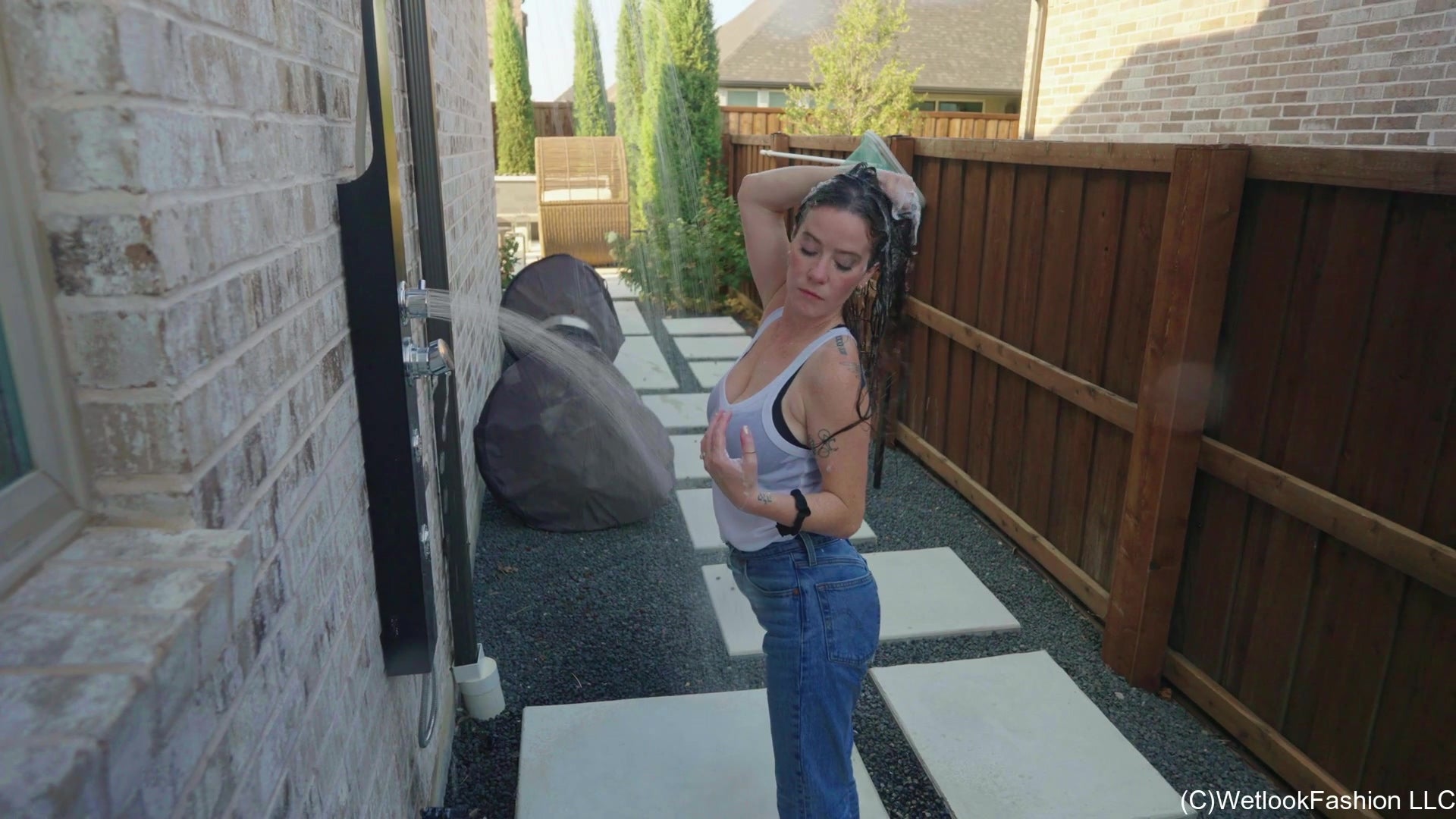 Rey Goes for a Swim in Levi's, White Top and Flip Flops