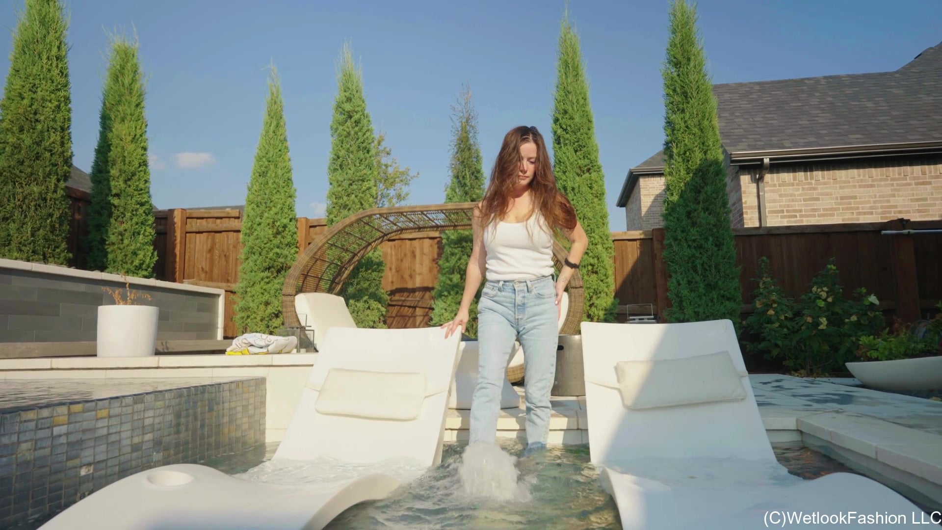 Rey Goes for a Swim in Levi's, White Top and Flip Flops