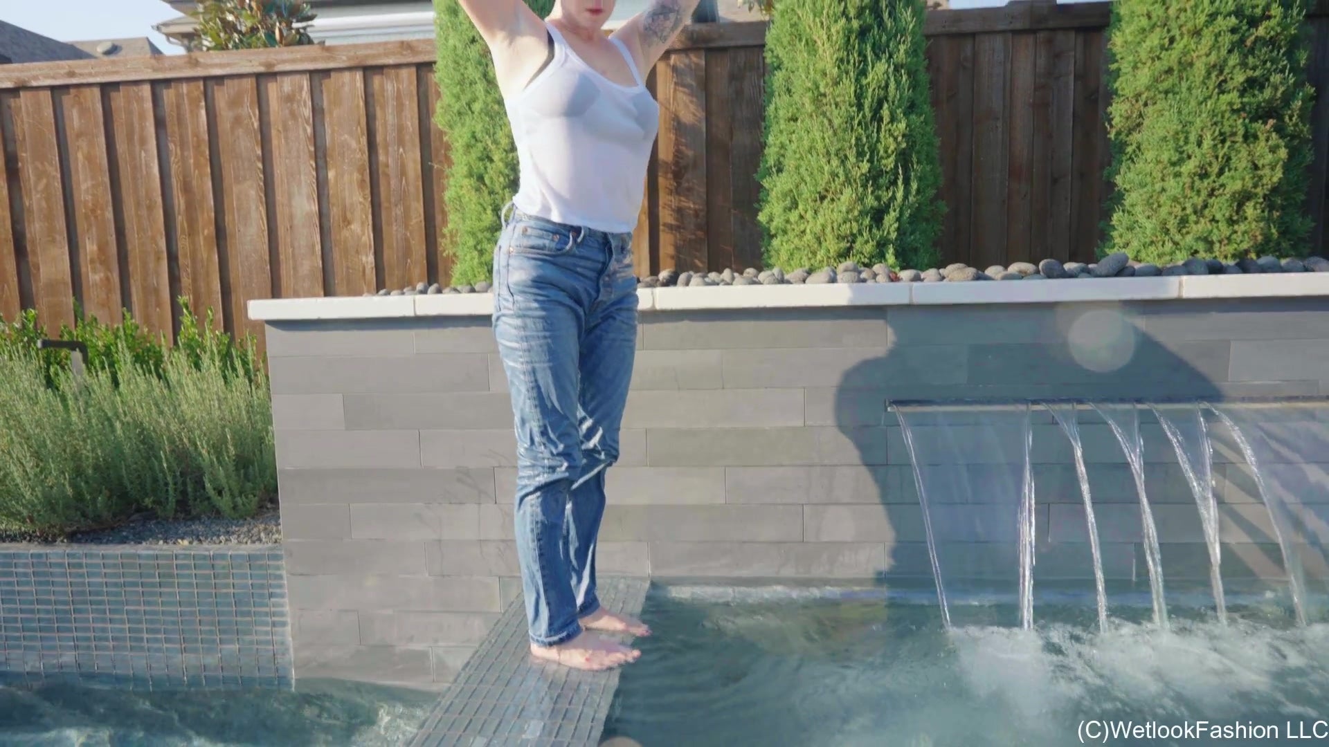 Rey Goes for a Swim in Levi's, White Top and Flip Flops