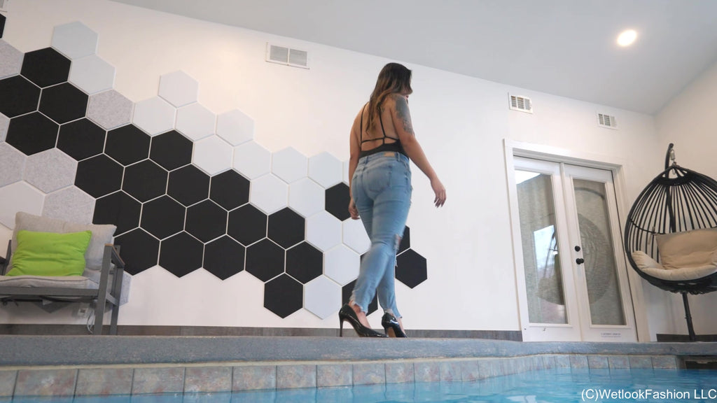Reyna Swimming in the Pool in Jeans, Heels and a Swimsuit