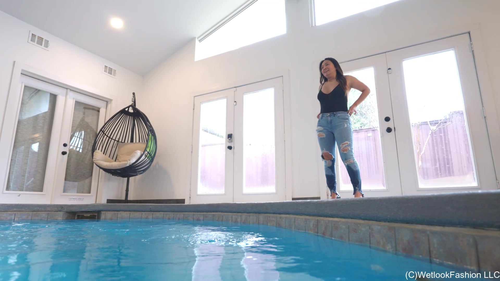 Reyna Swimming in the Pool in Jeans, Heels and a Swimsuit