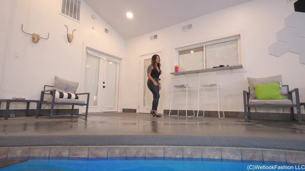 Reyna Swims in Leather Leggings, Top and Heels