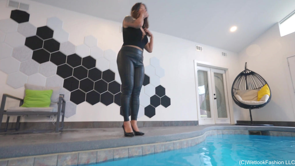 Reyna Swims in Leather Leggings, Top and Heels