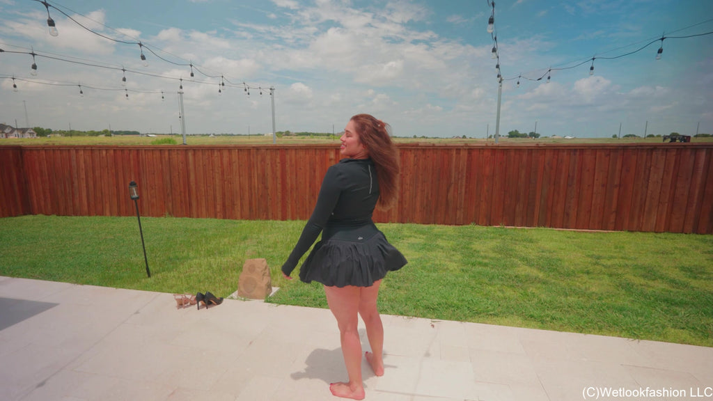 Samantha Takes a Barefoot Swim in a Sporty Skirt Outfit