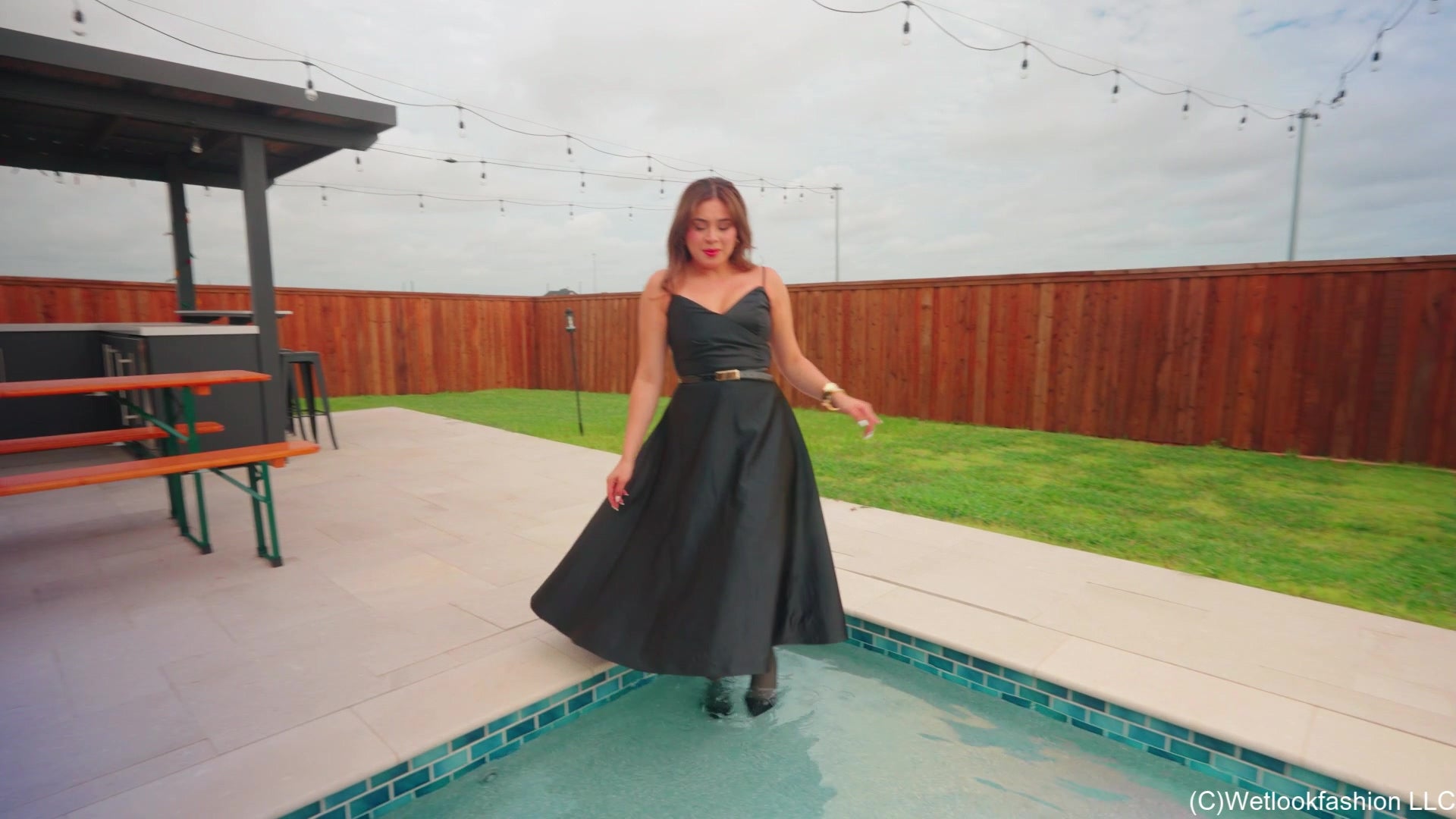 Samantha's First Swim in a Formal Dress, Tights and Heels