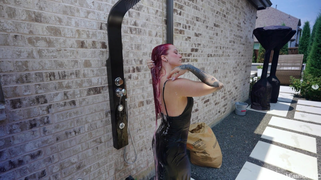 Scarlet Goes for a Swim in a Long Black Dress and Boots