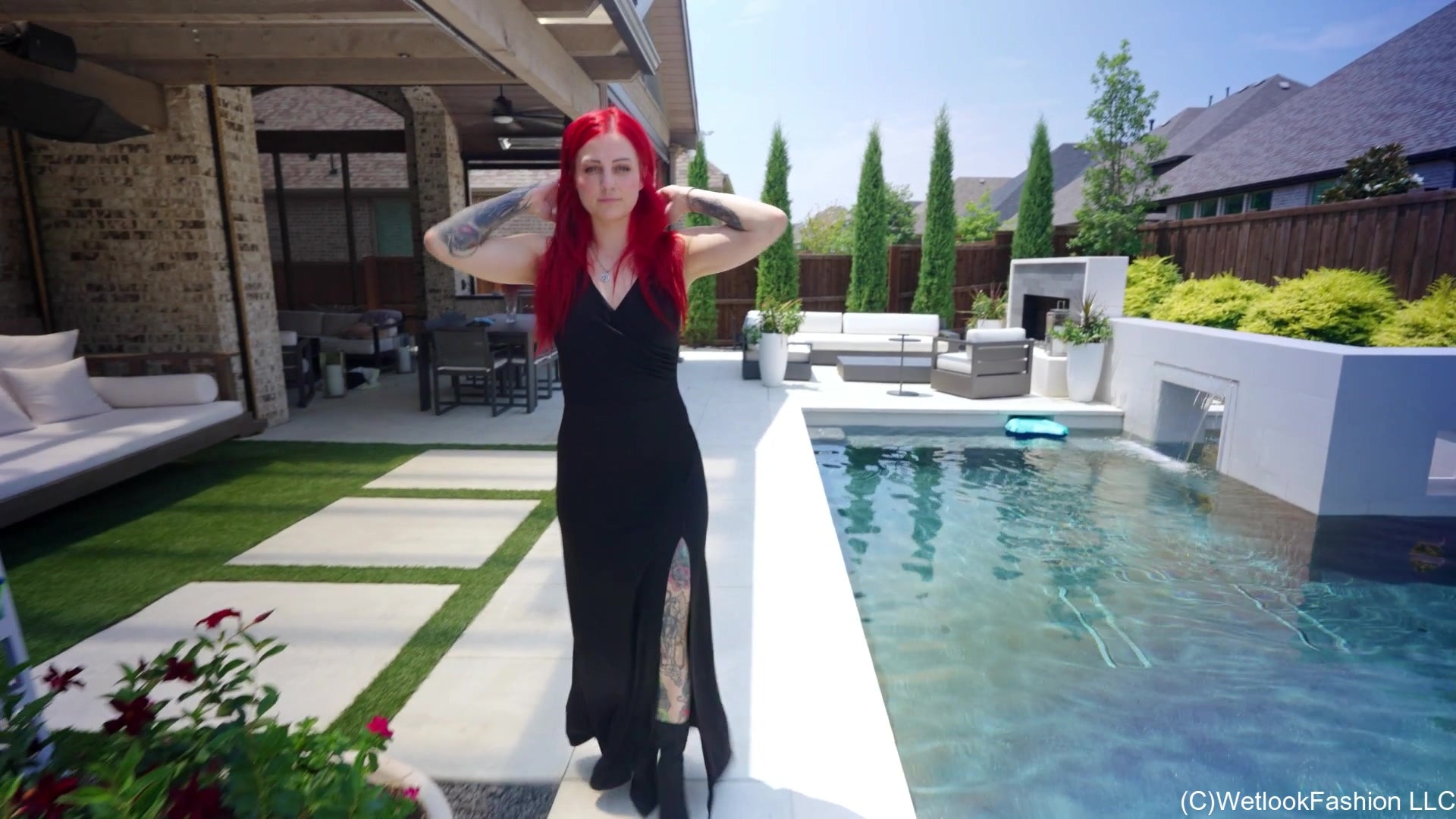 Scarlet Goes for a Swim in a Long Black Dress and Boots