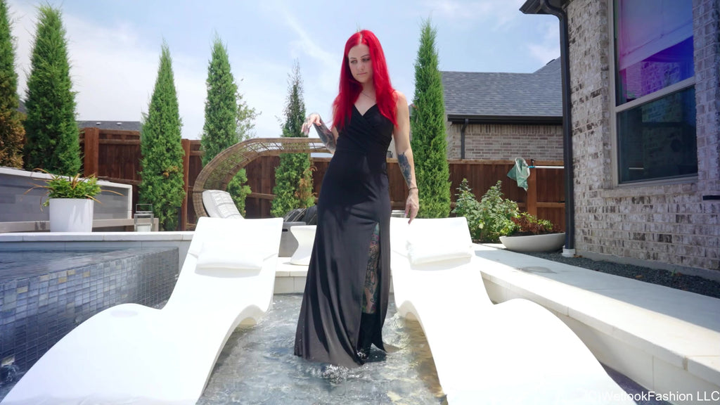Scarlet Goes for a Swim in a Long Black Dress and Boots