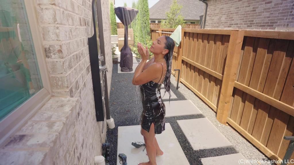 Selina Gets in the Pool a  Little Black Satin Dress