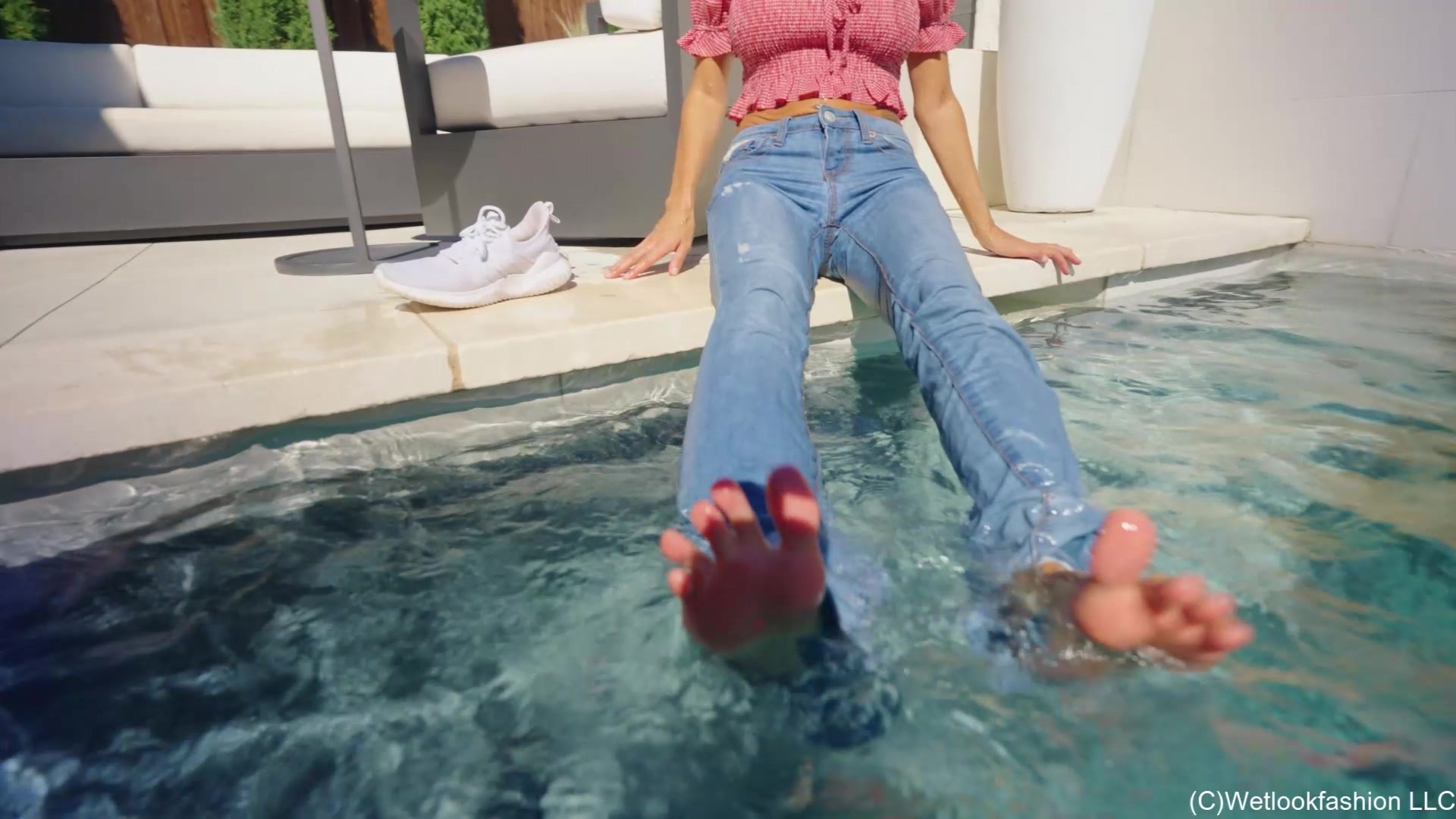 Charlie Does Some Pool Dipping in Jeans and Crop Top