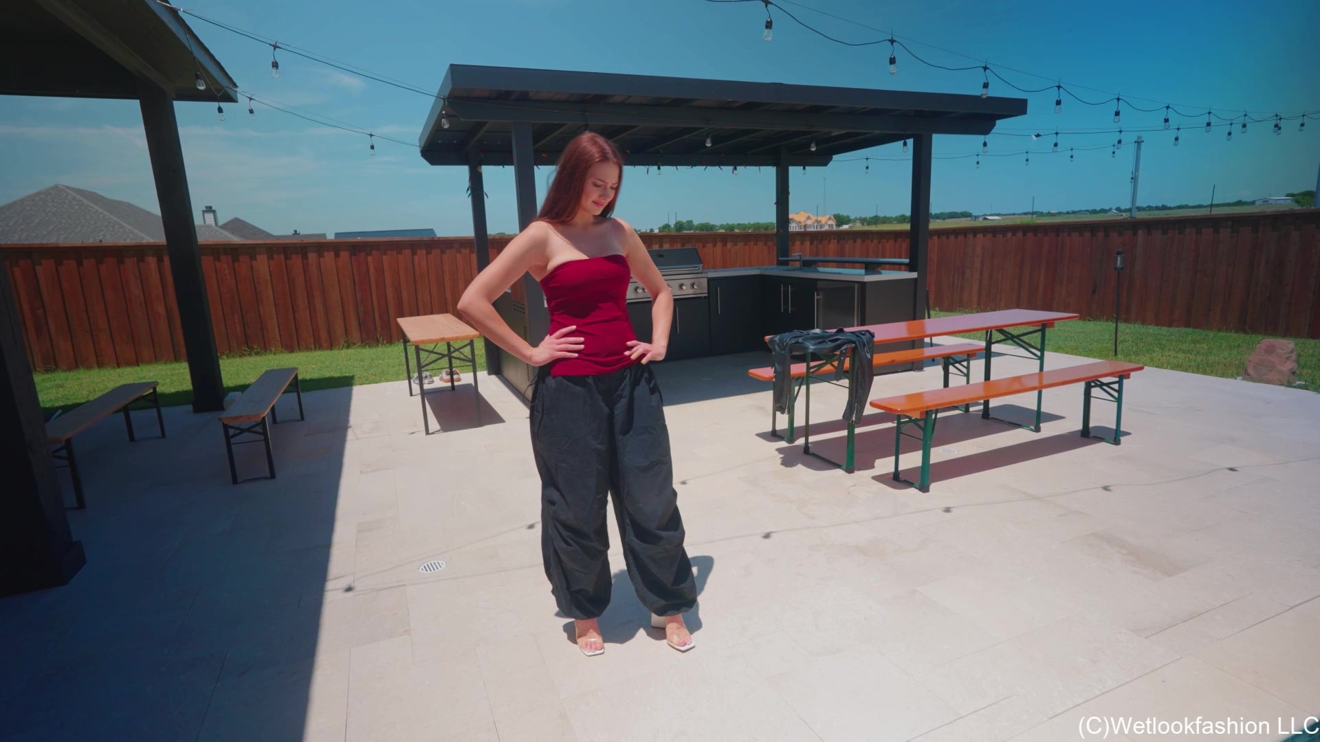 Taylor Goes for a Swim in Baggy Pants, Top and Heels