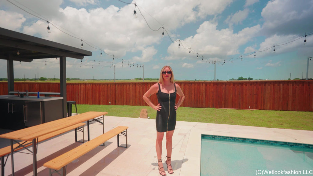 Victoria Gets Wet in a Shiny Little Black Dress